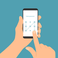 Flat design illustration of a man's hand holding a smartphone with a login screen and entering a graphic passcode, vector