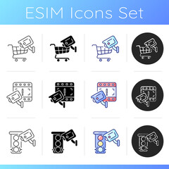 Securing home and business icons set. Tracking customers. Traffic enforcement camera. Increasing crimes solving chances. Linear, black and RGB color styles. Isolated vector illustrations