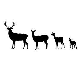 Black silhouette of the deer family is father, mama and baby. Vector illustration isolated on white background