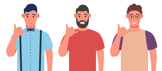 Call me! Men showing phone or call me gesture with hand fingers shaped like telephone. Character set. Vector illustration.