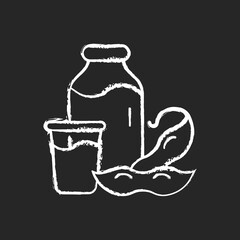 Soy milk chalk white icon on dark background. Plant based milk. Grinding beans. Vegeterian drinks types. Healthy product creation. Natural ingredients. Isolated vector chalkboard illustration on black