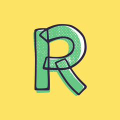 Kid style letter R logo hand-drawn with a marker with paint shift effect.