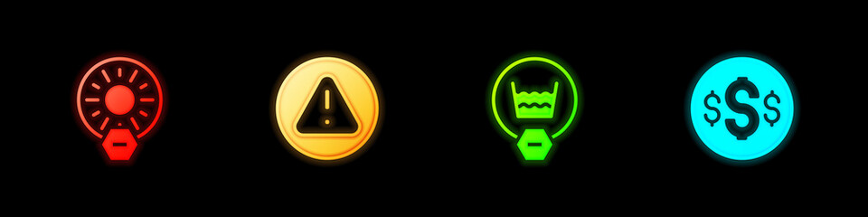 Set No direct sunlight, Exclamation mark in triangle, Delicate wash and Dollar symbol icon. Vector