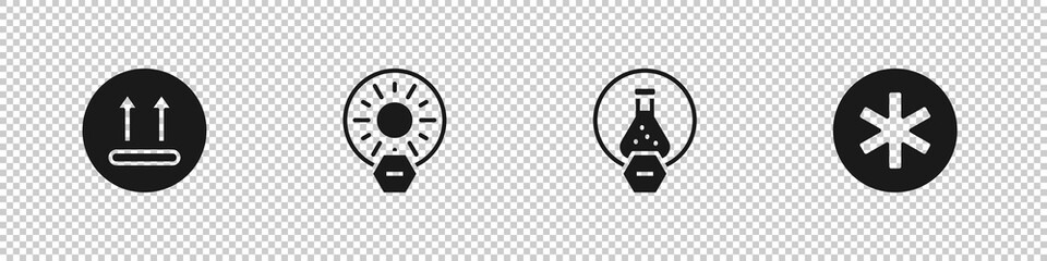 Obraz premium Set Temperature wash, No direct sunlight, Test tube and flask and Medical symbol of the Emergency icon. Vector