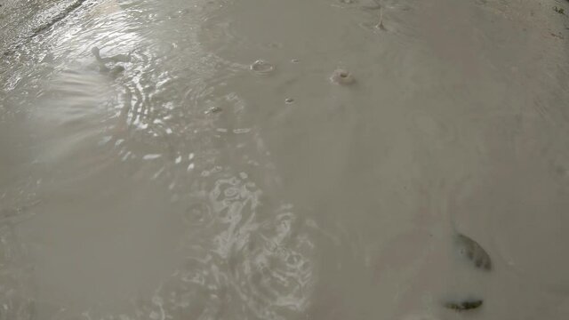 Regentropfen fallen in eine matschige Pf&uuml;tze, Slow Motion