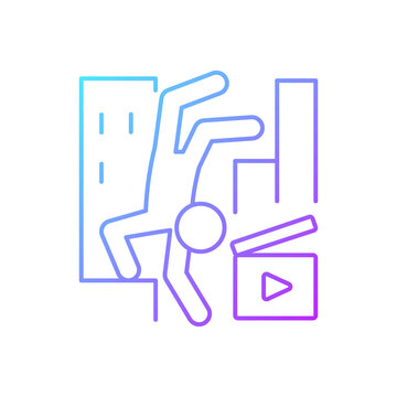 Parkour videos gradient linear vector icon. Shooting footage for action motion picture. Videography. Thin line color symbols. Modern style pictogram. Vector isolated outline drawing
