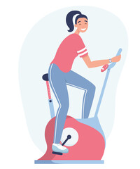 Woman cycling on stationary bicycle. Cardio workout on gym machine. Girl training his endurance on bike equipment. Flat vector illustration on a white background.