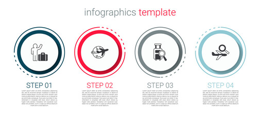 Set Tourist with suitcase, Globe flying plane, Lost baggage and Airplane search. Business infographic template. Vector