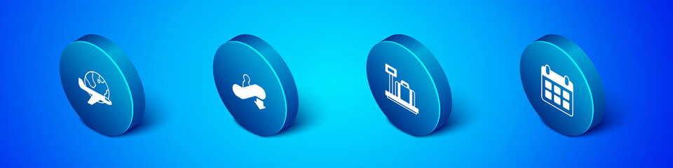 Set Isometric Globe with flying plane, Scale suitcase, Calendar and airplane and Escalator down icon. Vector