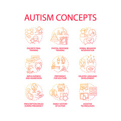 Autism spectrum disorder concept icons set. Developmental disabilities idea thin line color illustrations. Preference to solitude. Delayed language development. Vector isolated outline drawings