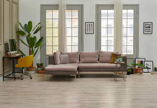 Grey Sofa And Working Table Computer Style In The Living Room In Front Of The Window, Pillow Carpet And Curtain Style, Green Interior Plant.