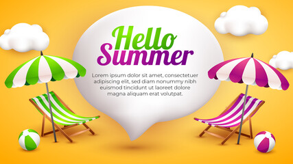 Hello Summer banner lanscape template with cute 3d element