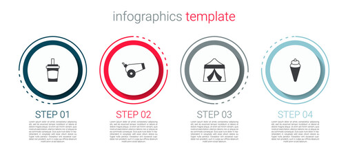 Set Paper glass with water, Cannon, Circus tent and Ice cream in waffle cone. Business infographic template. Vector