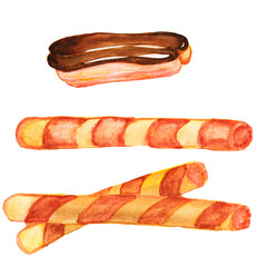  Hand painted in watercolor. Coffee, cake, marshmallow, cherry, bun, blueberry, strawberry.Cakes, love heart,strawberry cupcakes.