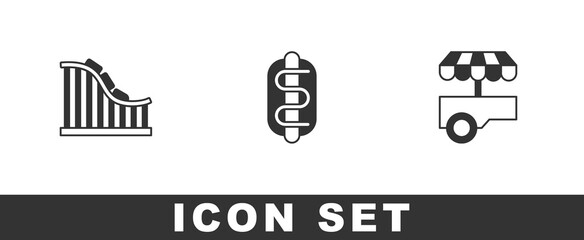 Set Roller coaster, Hotdog sandwich and Fast street food cart icon. Vector