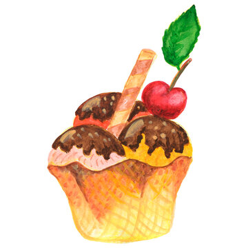 Watercolor ice cream clip art set .Summer Dessert. with berries, fruits.Ice cream in waffle cones Watercolor Ice Cream, Sweets Isolated 