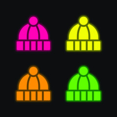 Beanie four color glowing neon vector icon