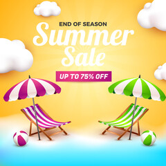 Naklejka premium summer sale banner for social media flyer with 3d beach element cartoon style
