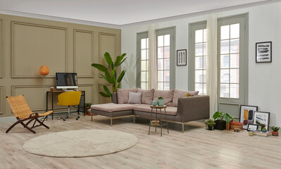 Grey sofa and working table computer style in the living room in front of the window, pillow carpet and curtain style, green interior plant.