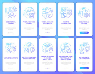 Autistic treatment approaches onboarding mobile app page screens set. ASD symptoms walkthrough 5 steps graphic instructions with concepts. UI, UX, GUI vector template with linear color illustrations