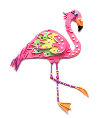 Plasticine handmade cute flamingo bird with floral wreath. Nursery digital print for textile, goods, had craft childish classes.