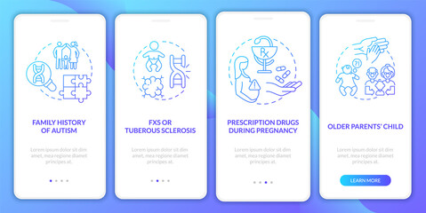 ASD causes onboarding mobile app page screen. Older parents child, inheritance walkthrough 4 steps graphic instructions with concepts. UI, UX, GUI vector template with linear color illustrations