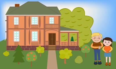 The dreams of a two-story cottage. A man and a woman dream of moving into their own home. Vector illustration isolated on white background. - 442906988