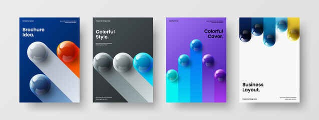 Premium 3D orbs booklet illustration collection. Fresh front page A4 design vector template set.