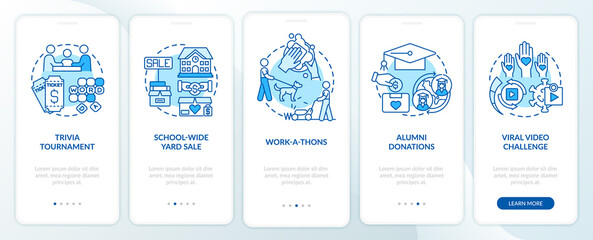 Fototapeta na wymiar Money donation ideas onboarding mobile app page screen. School-wide yard sale walkthrough 5 steps graphic instructions with concepts. UI, UX, GUI vector template with linear color illustrations