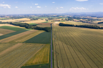 Village from drone aerial view. Beautiful village with houses and fields in Nysa, Poland. Polish farmland