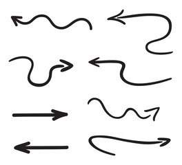 Black infographic elements on isolated white background. Hand drawn abstract arrows. Set of different pointers. Black and white illustration