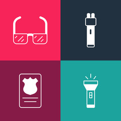 Set pop art Flashlight, Police badge with id case, electric shocker and Safety goggle glasses icon. Vector