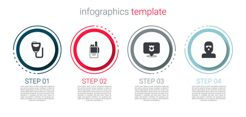 Set Walkie talkie, , Police badge and Thief mask. Business infographic template. Vector