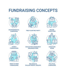 Fundraising concept icons set. Gathering financial support idea thin line color illustrations. Religious, philanthropic groups. Online donations. Vector isolated outline drawings. Editable stroke