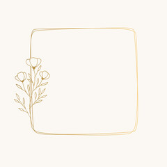 Wild flowers elegant frame. Hand drawn golden illustration. 