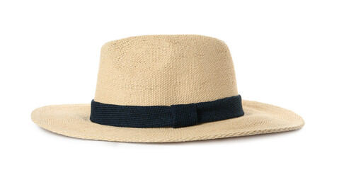 Stylish straw hat isolated on white. Fashionable accessory