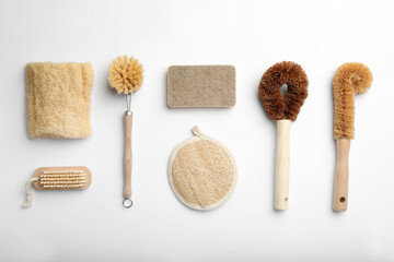 Flat lay composition with eco friendly products on white background