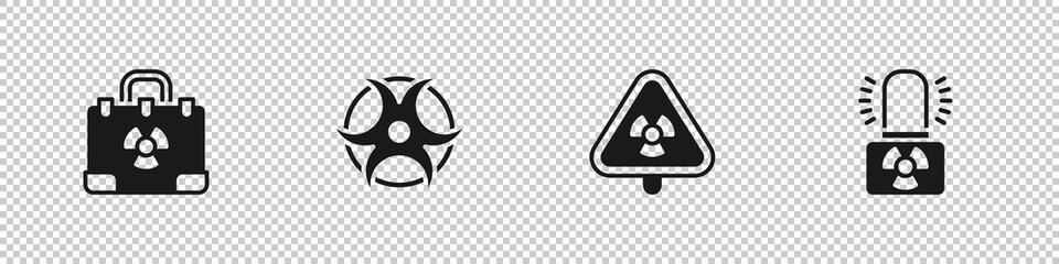 Set Radiation nuclear suitcase, Biohazard symbol, Triangle with radiation and Radioactive warning lamp icon. Vector