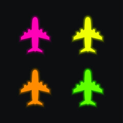 Fototapeta na wymiar Aeroplane four color glowing neon vector icon