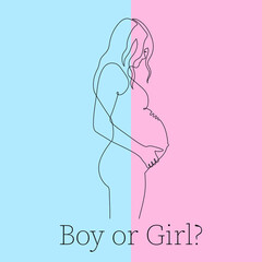 Hand drawn pregnant young woman,one line,stylized continuous contour on blue and pink backdrop.Lady expecting child,picture of future mother and baby in belly.Motherhood concept.Doodle,sketch