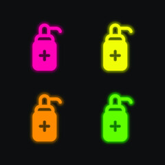 Antibacterial Gel four color glowing neon vector icon