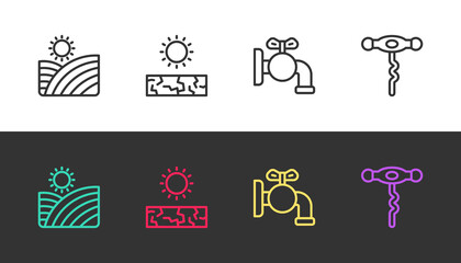 Set line Vineyard wine grapes, Drought, Tap for barrel and Wine corkscrew on black and white. Vector