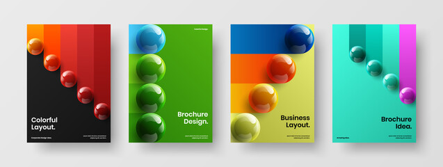 Clean booklet vector design illustration set. Abstract realistic orbs corporate identity template composition.