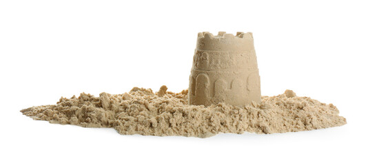 Pile of sand with castle on white background. Outdoor play