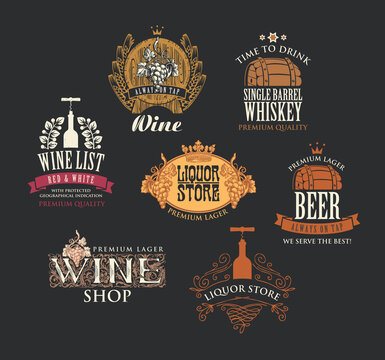 Set of logos, emblems, labels, badges, stickers, tags for alcoholic beverages. Vector colored icons for wine, whiskey, beer in retro style with drawings and inscriptions on a black background