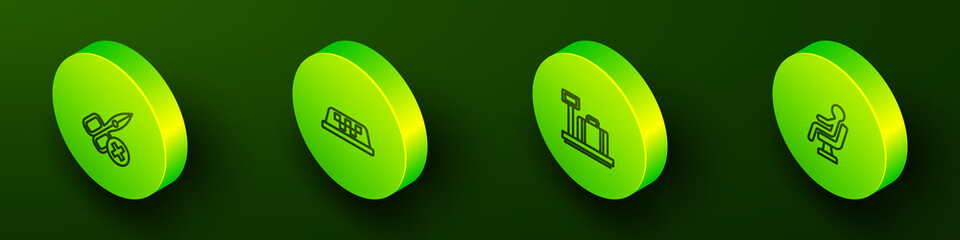 Set Isometric line No scissors, Taxi car roof, Scale with suitcase and Human waiting in airport terminal icon. Vector