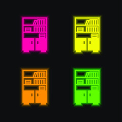 Bookshelf four color glowing neon vector icon