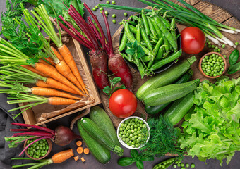 A wide variety of young, fresh vegetables on a brown background. Healthy, environmentally friendly products.