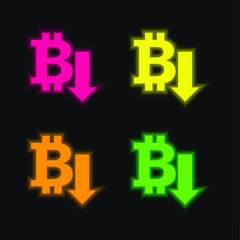 Bitcoin Down Arrow four color glowing neon vector icon