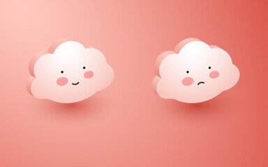 3d cute pink cloud happy and sad emoticon for love design element